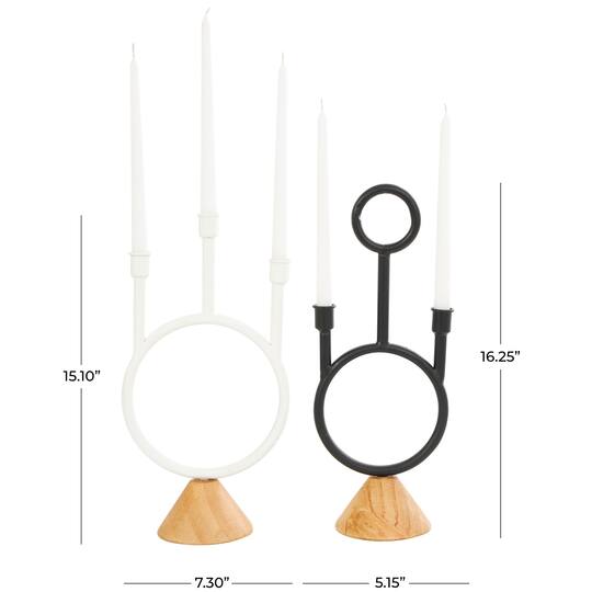 Black & White Metal Abstract Circular Ring Candle Holder with Wooden Cone Bases Set